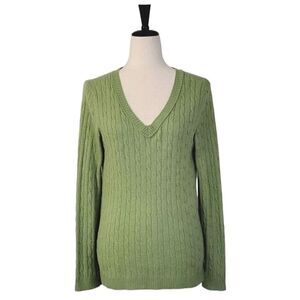 Ann Taylor Loft Green V-neck Cable Stitch Pull-On Sweater Size L Petite